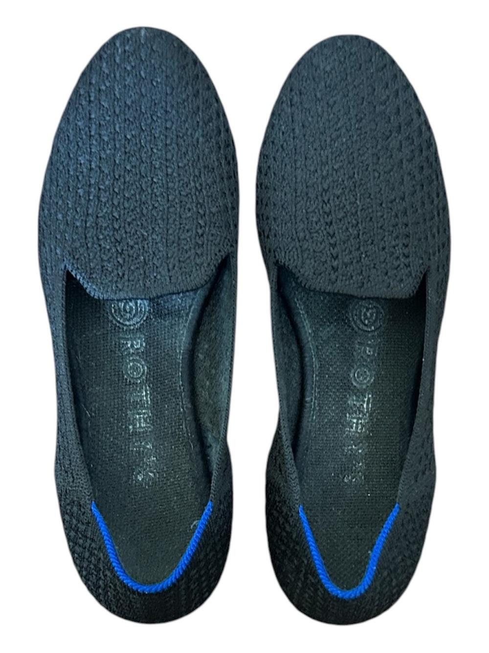 Rothy's Black Knit Slip-On Loafers with Blue Trim
